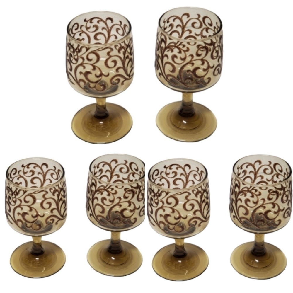 Vintage Prado‎ Brown Libbey Glass Co Brown Raised Swirl Tawny Smoked Set of 6